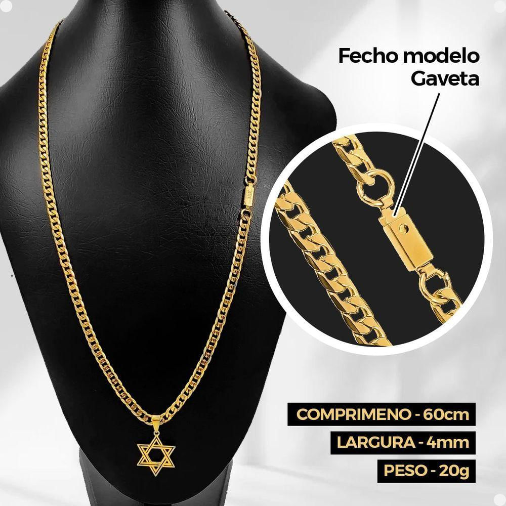 Corrente Banhada Aço + Pingente Estrela Davi + Pulseira Grumet Religioso Casual Moda Masculina