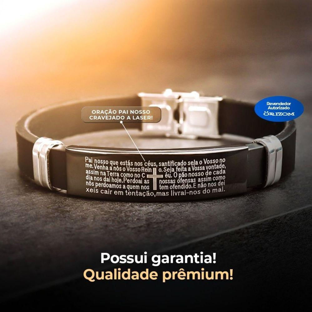 Pulseira Oração Pai Nosso Silicone Preta Placa Masculina Moda Masculina Social Qualidade Premium