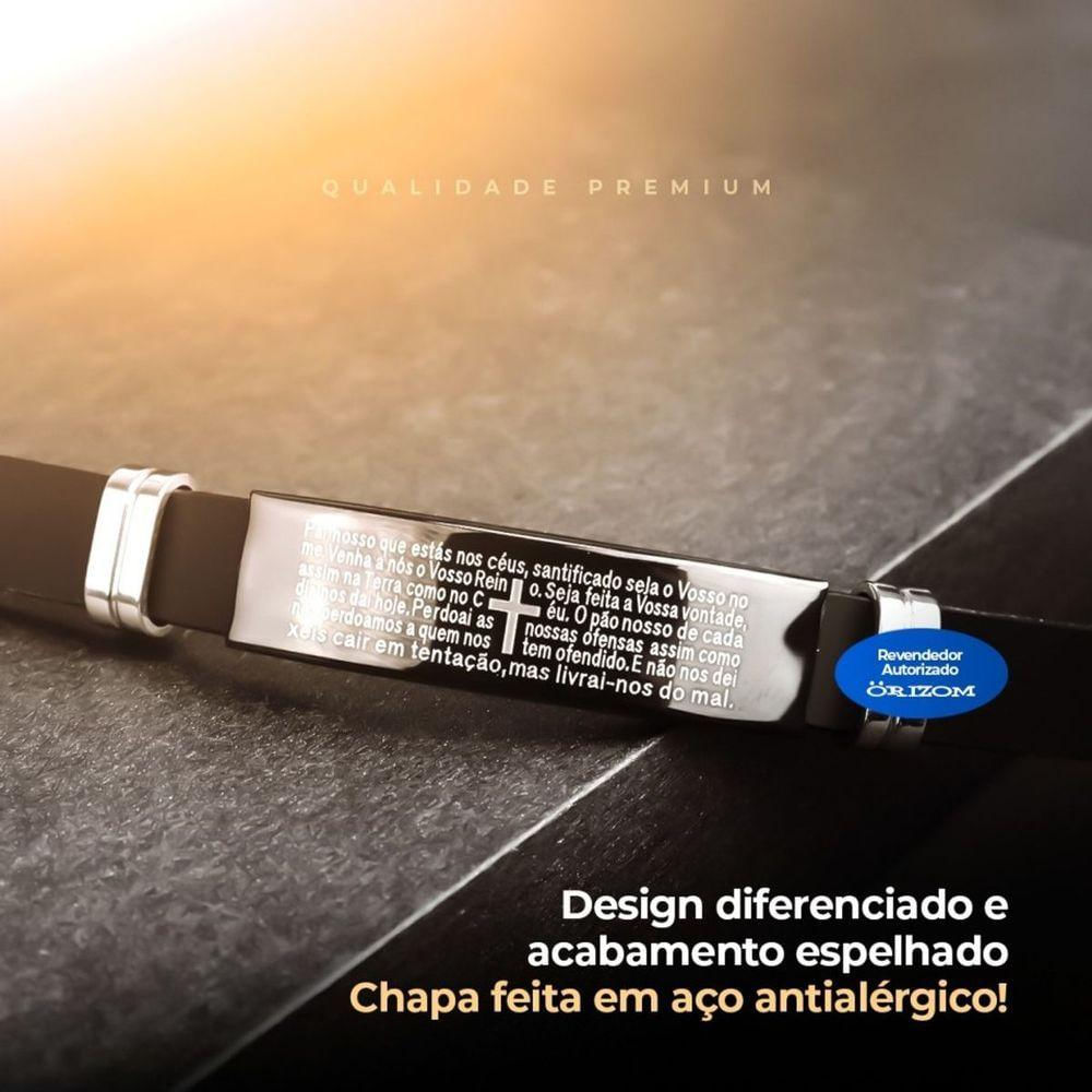 Pulseira Oração Pai Nosso Silicone Preta Placa Masculina Moda Masculina Social Qualidade Premium