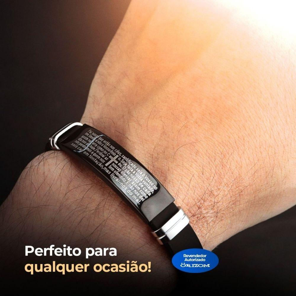 Pulseira Oração Pai Nosso Silicone Preta Placa Masculina Moda Masculina Social Qualidade Premium