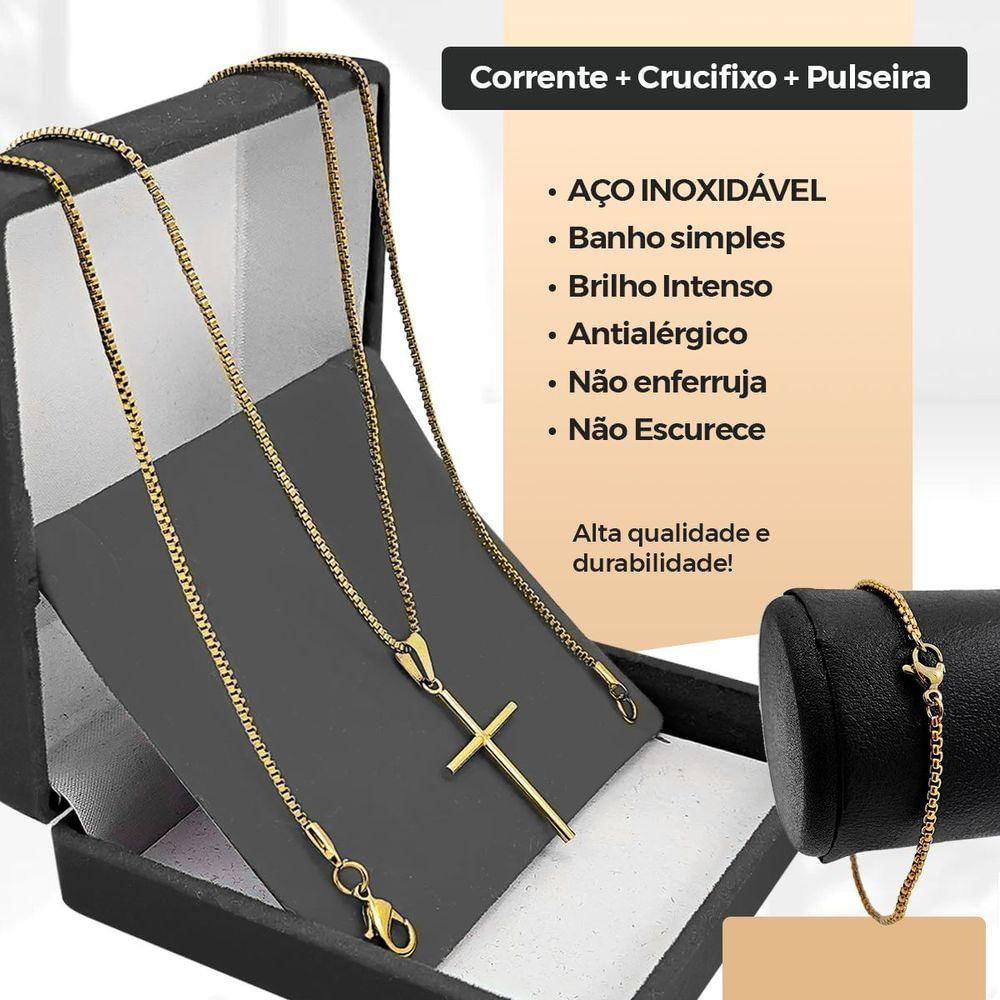 Pulseira + Corrente Banhada Aço Inox + Pingente Crucifixo Presente Casual Moda Masculina Original