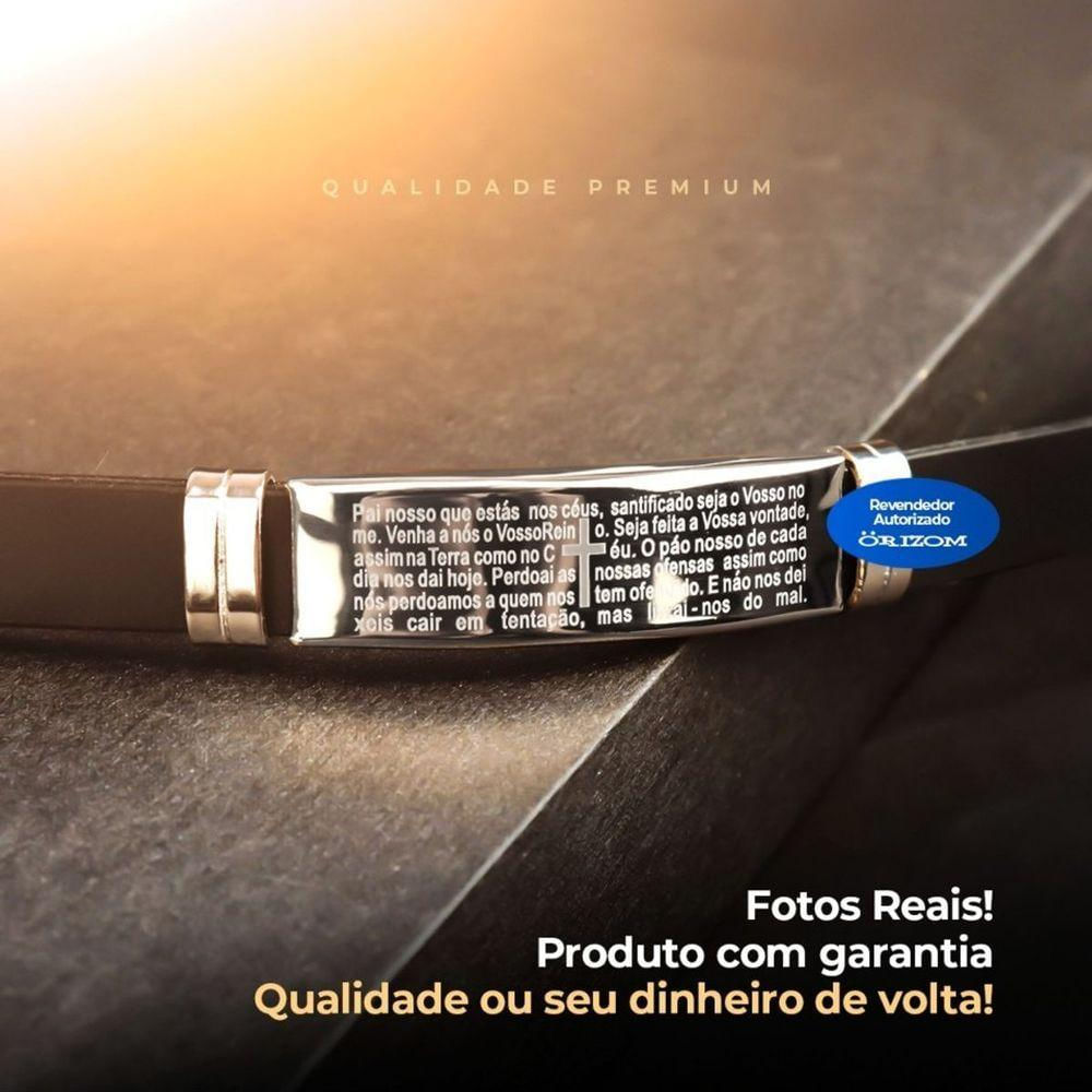 Pulseira Prata Masculina Placa Aço Inox Pai Nosso Silicone Presente Qualidade Premium Preta Casual