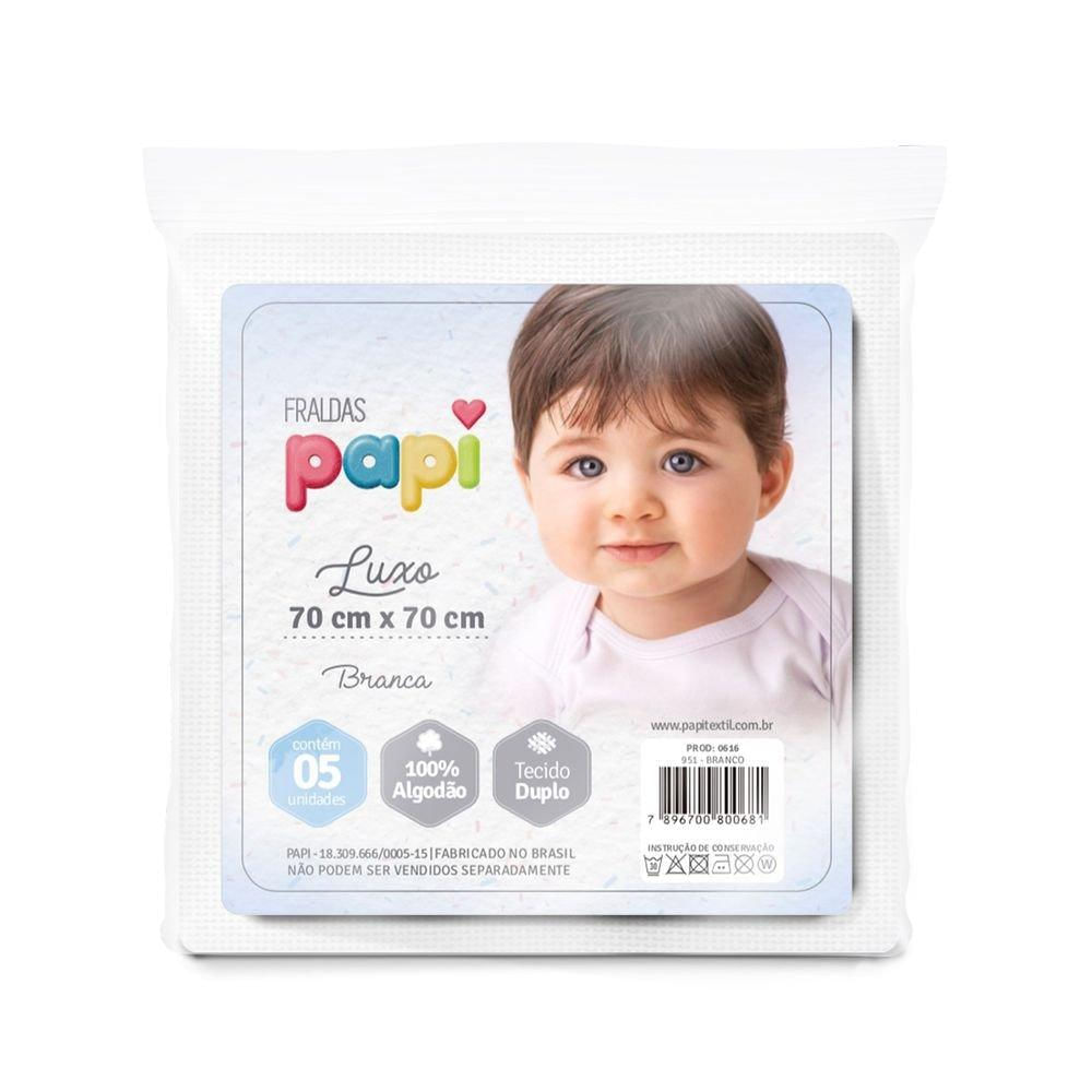 Fralda Bebê Papi Luxo Branca 70 x 70Cm Com 05 Pçs