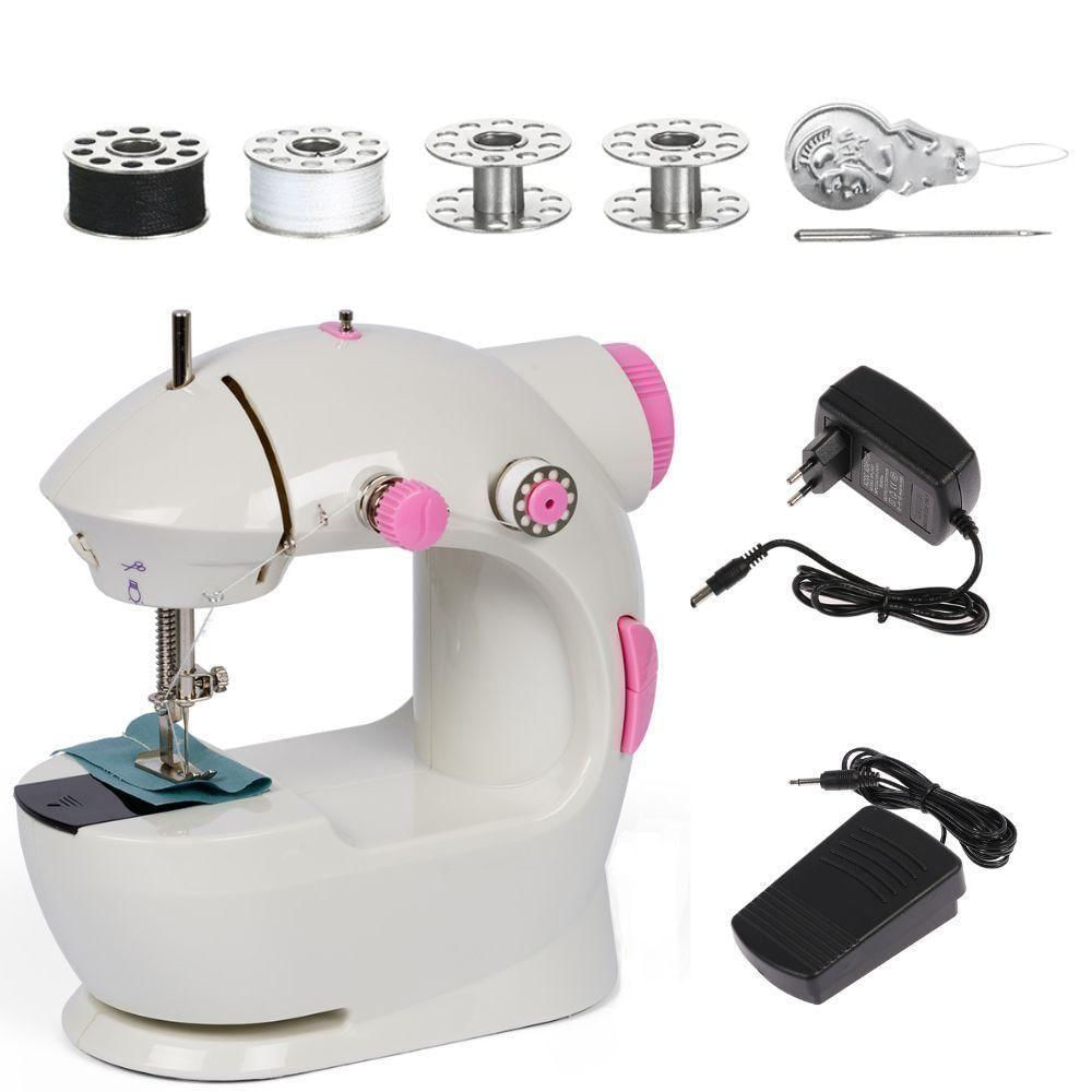 Encontraproduto.com.br - Mini Maquina De Costura Eletrica Bivolt Portatil Reta Com Pedal Kit Bobinas Agulha Domestica