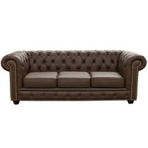 Sofá 3 Lugares Sala de Estar 235cm Chesterfield Pés Madeira Couro Capucino - Gran Belo