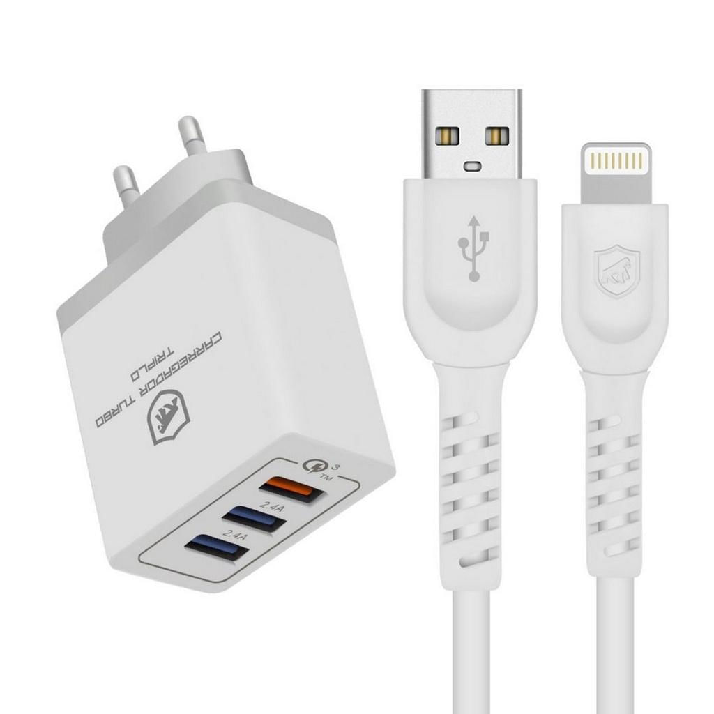 Kit Carregador Turbo Triplo + Cabo Dual Shock Lightning Branco - Gshield