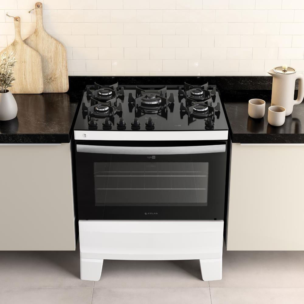 Fogão 5 Bocas Branco Com Mesa De Vidro Atlas Agile Up Bivolt