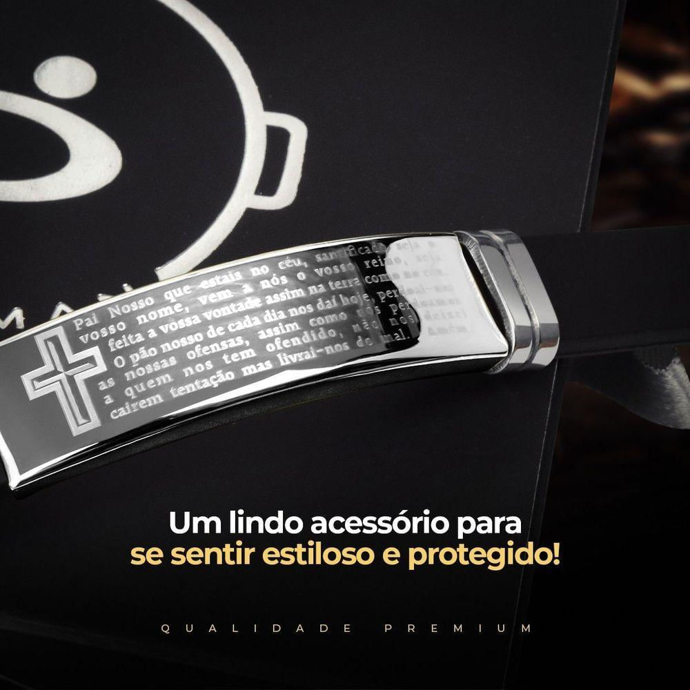 Pulseira Masculina Prata Placa Aço Inox Pai Nosso + Caixa Ajustavel Social Casual Prata Estilosa