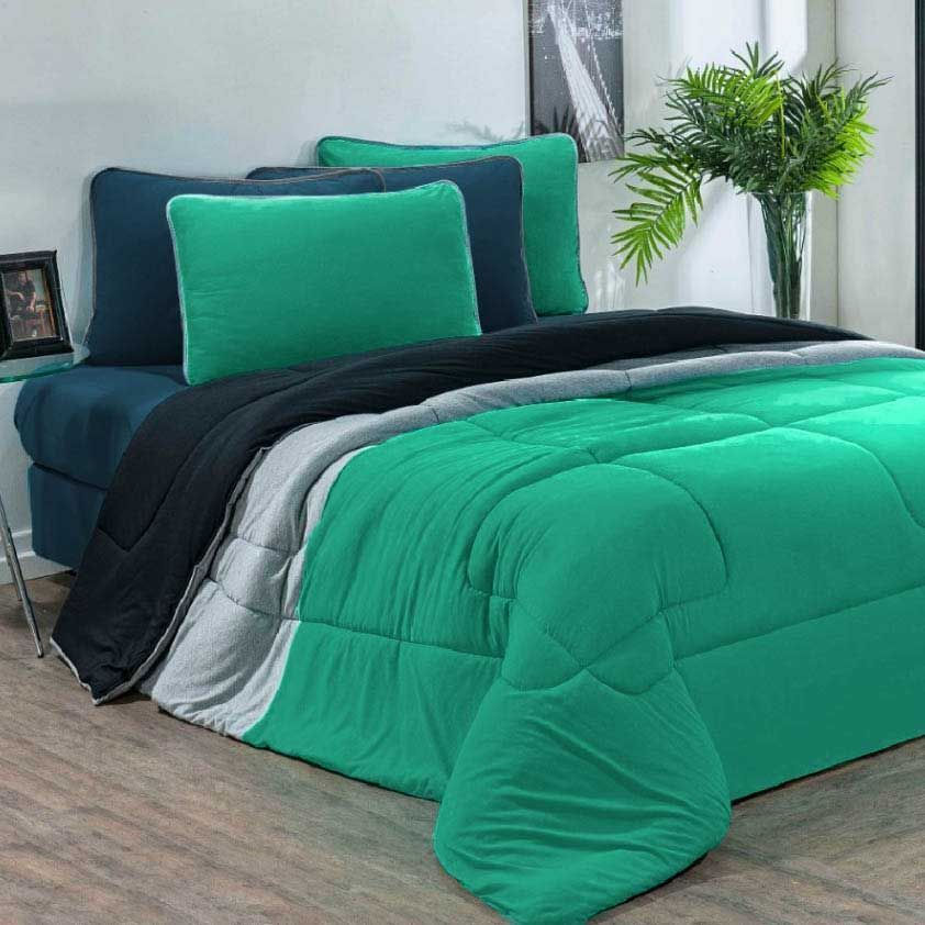 Kit Edredom Malha 100% Algodão Urbano 3 Peças Queen - Verde Jade-mescla-preto