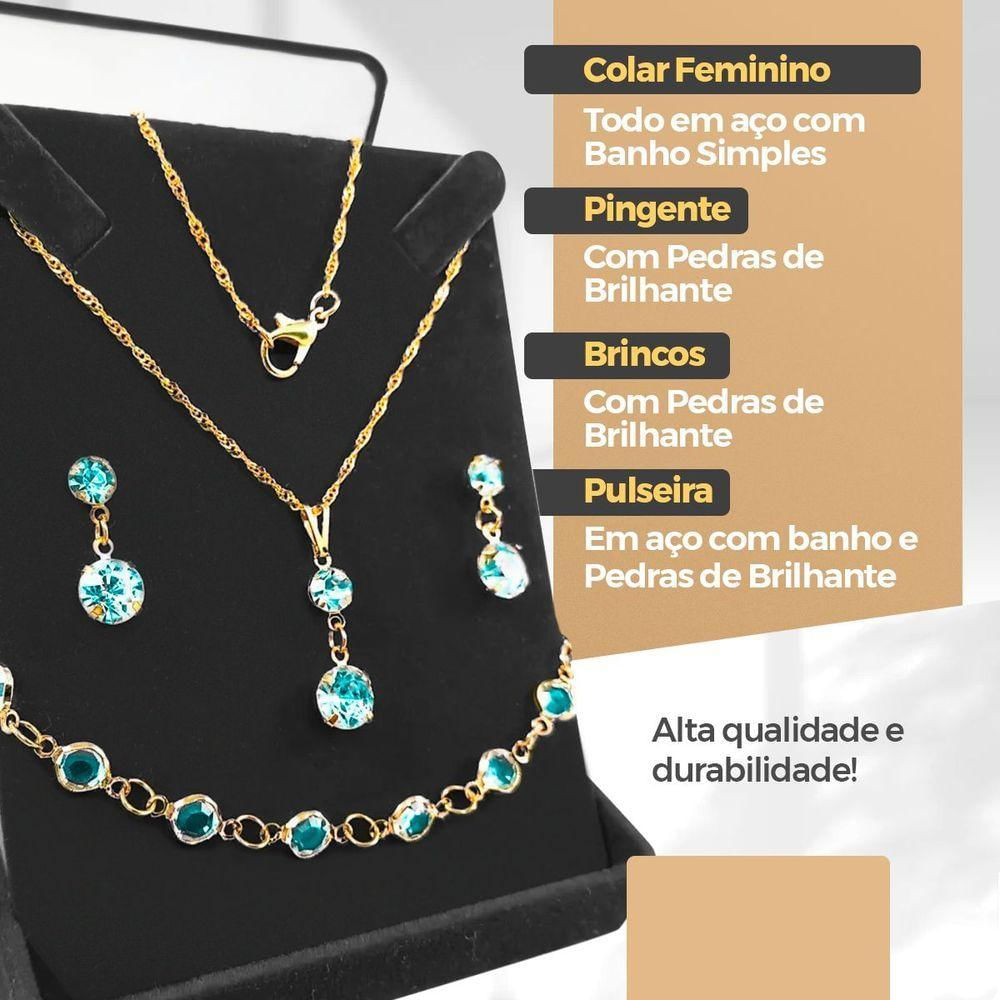 Corrente Colar Veneziana + Pingente + Brincos + Pulseira Banhada Strass Azul Presente Moda Dourada