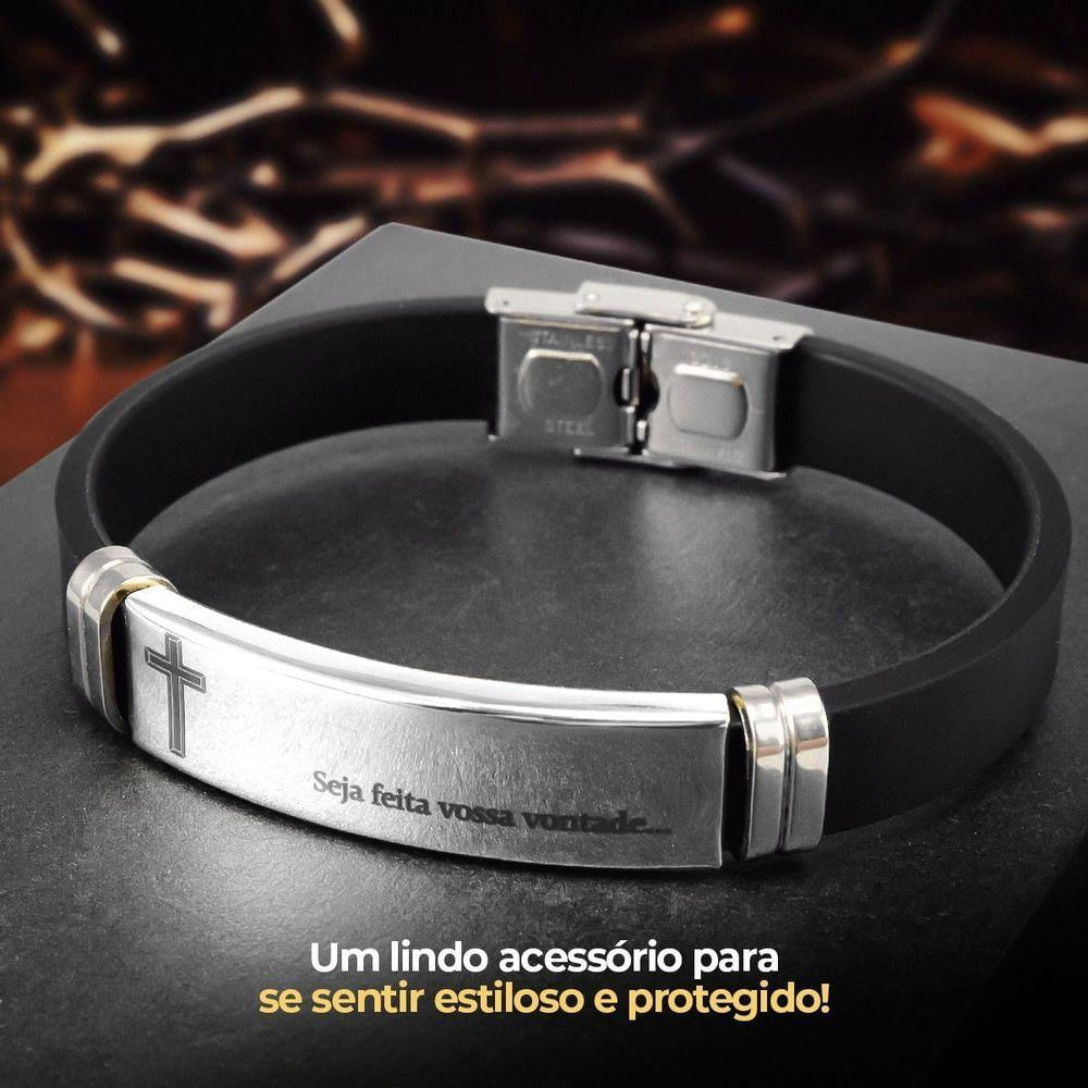 Pulseira Masculina Prata Placa Aço Inox Pai Nosso + Caixa Presente Ajustavel Casual Original Social