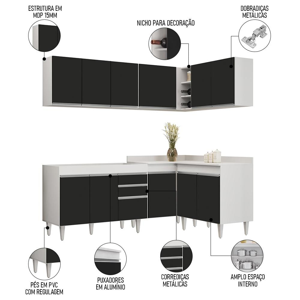 Armário de Cozinha Modulado de Canto 6 Peças CP28 Balcão sem Tampo Branco/Preto - Lumil