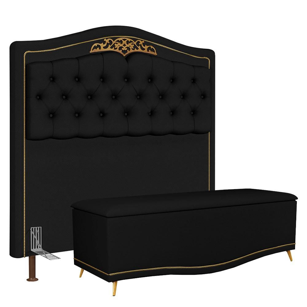 Cabeceira Cama Box Casal 140cm Com Calçadeira Baú Imperial J02 Sintético Preto - Mpozenato