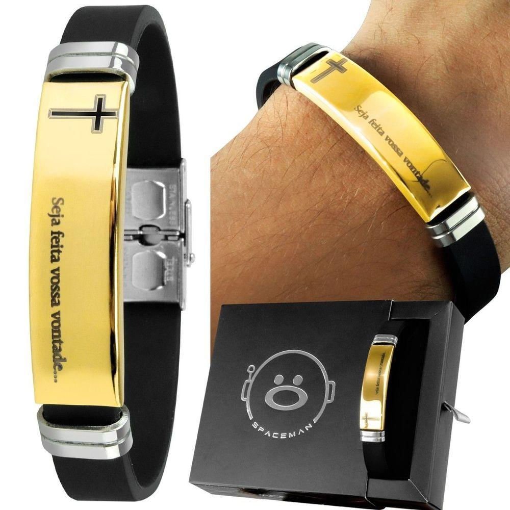 Pulseira Masculina Banhada Placa Pai Nosso Ouro Dourada + Caixa Casual Ajustavel Silicone Social