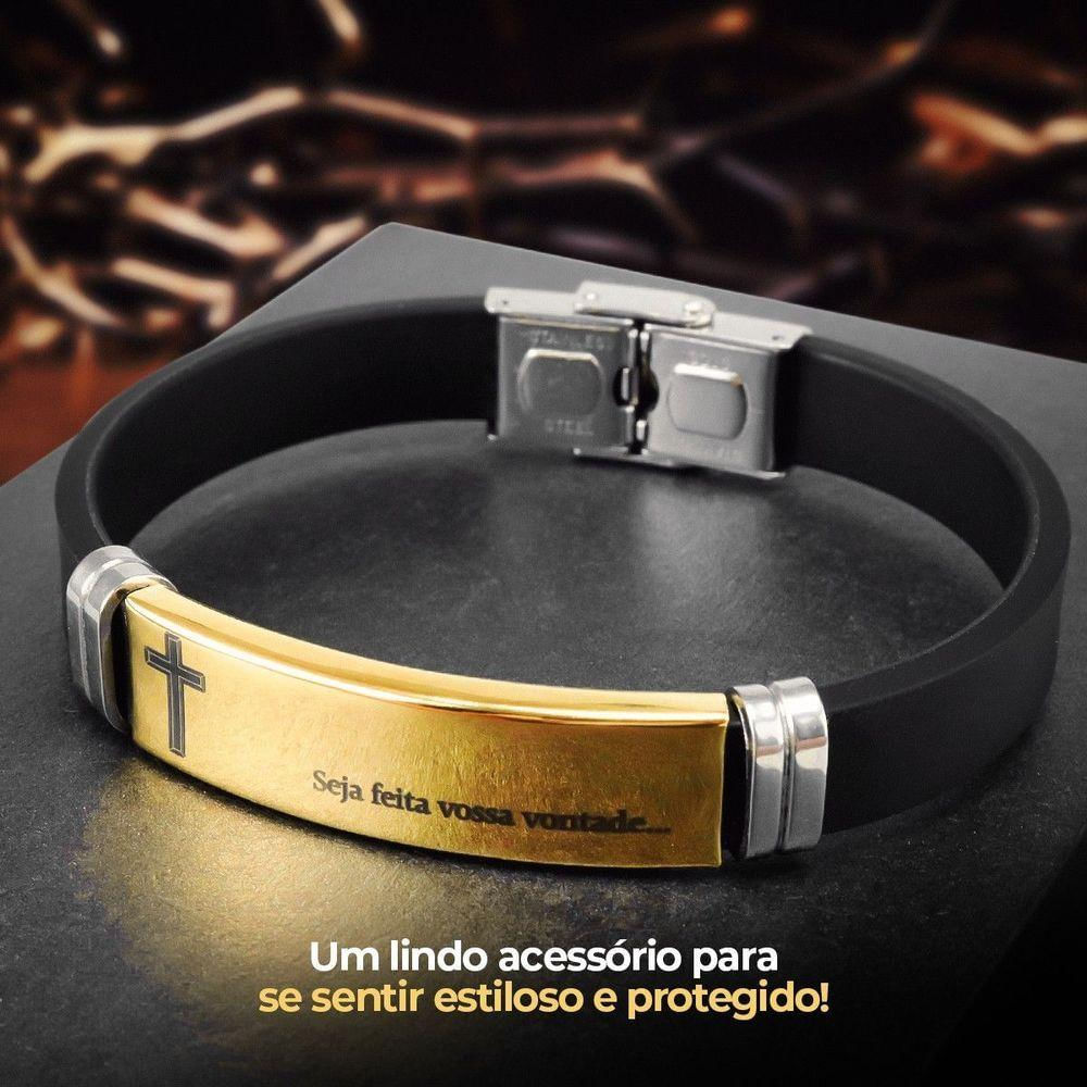 Pulseira Masculina Banhada Placa Pai Nosso Ouro Dourada + Caixa Casual Ajustavel Silicone Social