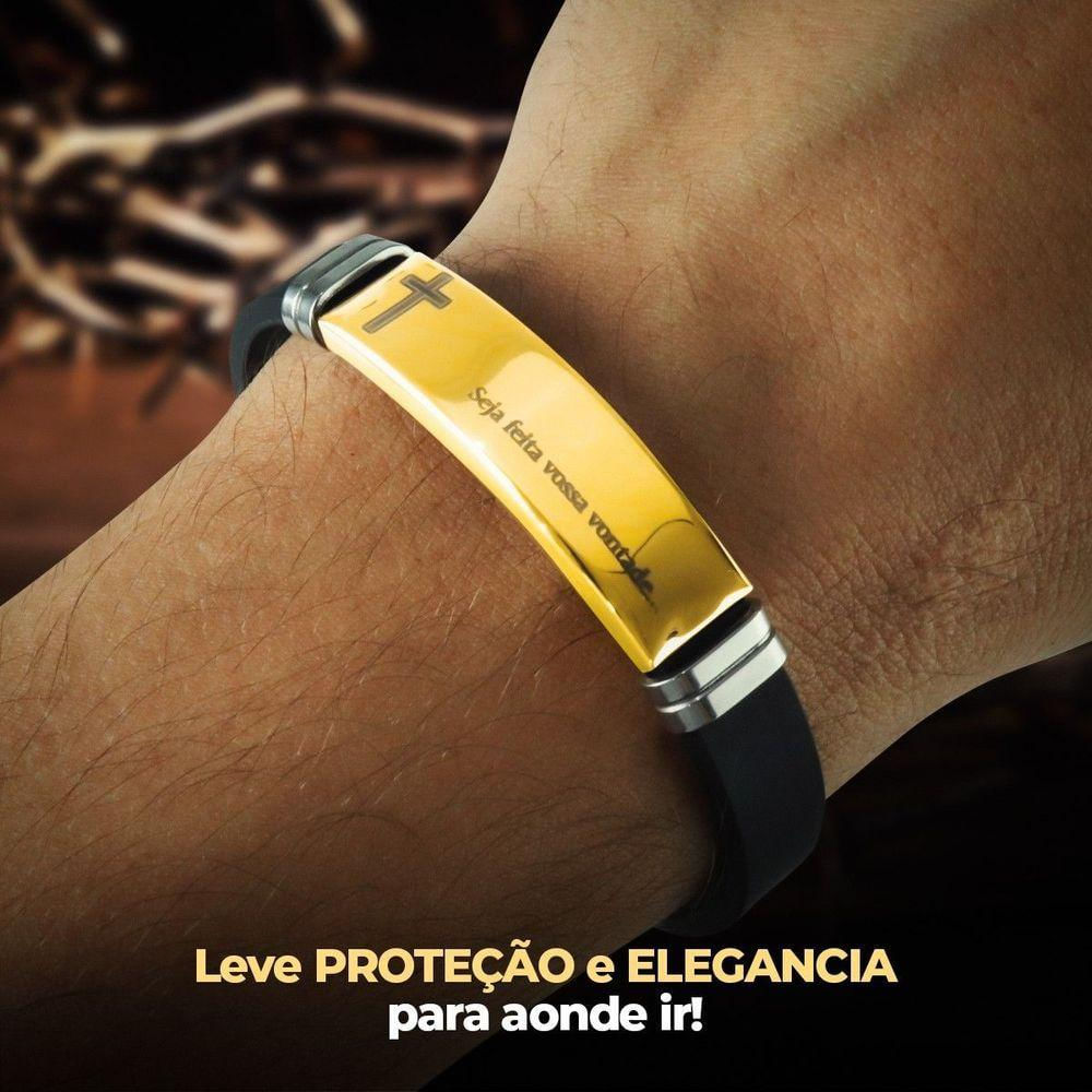 Pulseira Masculina Banhada Placa Pai Nosso Ouro Dourada + Caixa Casual Ajustavel Silicone Social