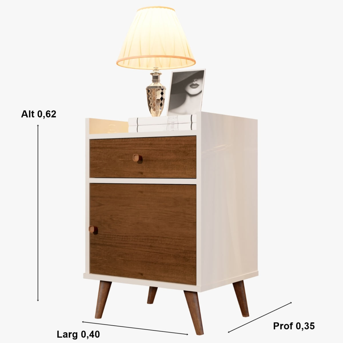 Mesa de Cabeceira 1 gaveta 1 porta Retrô Pés Palito Montana Perola / Caramelo - Comprar Moveis Em Casa
