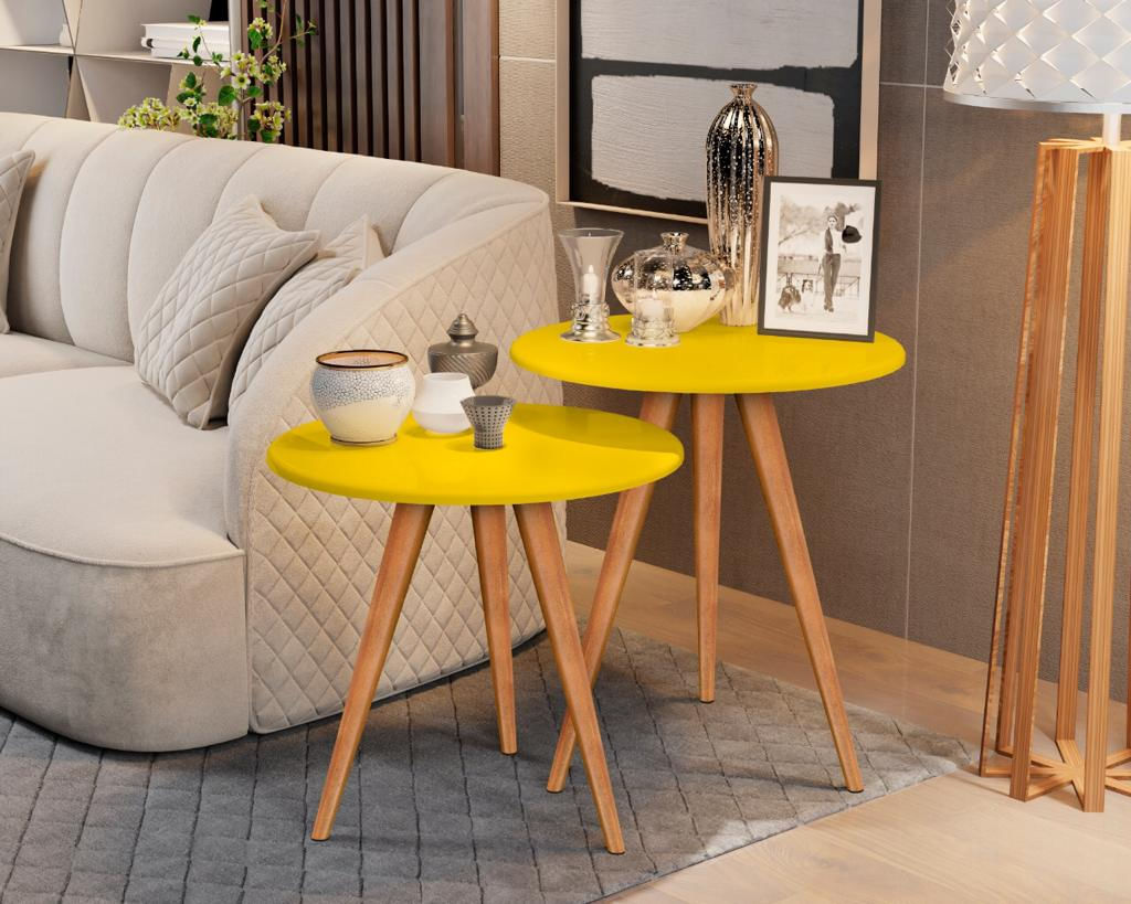 Jogo 2 Mesas Lateral e Apoio Redonda Pés Palito Lara Amarelo - Comprar Moveis em Casa