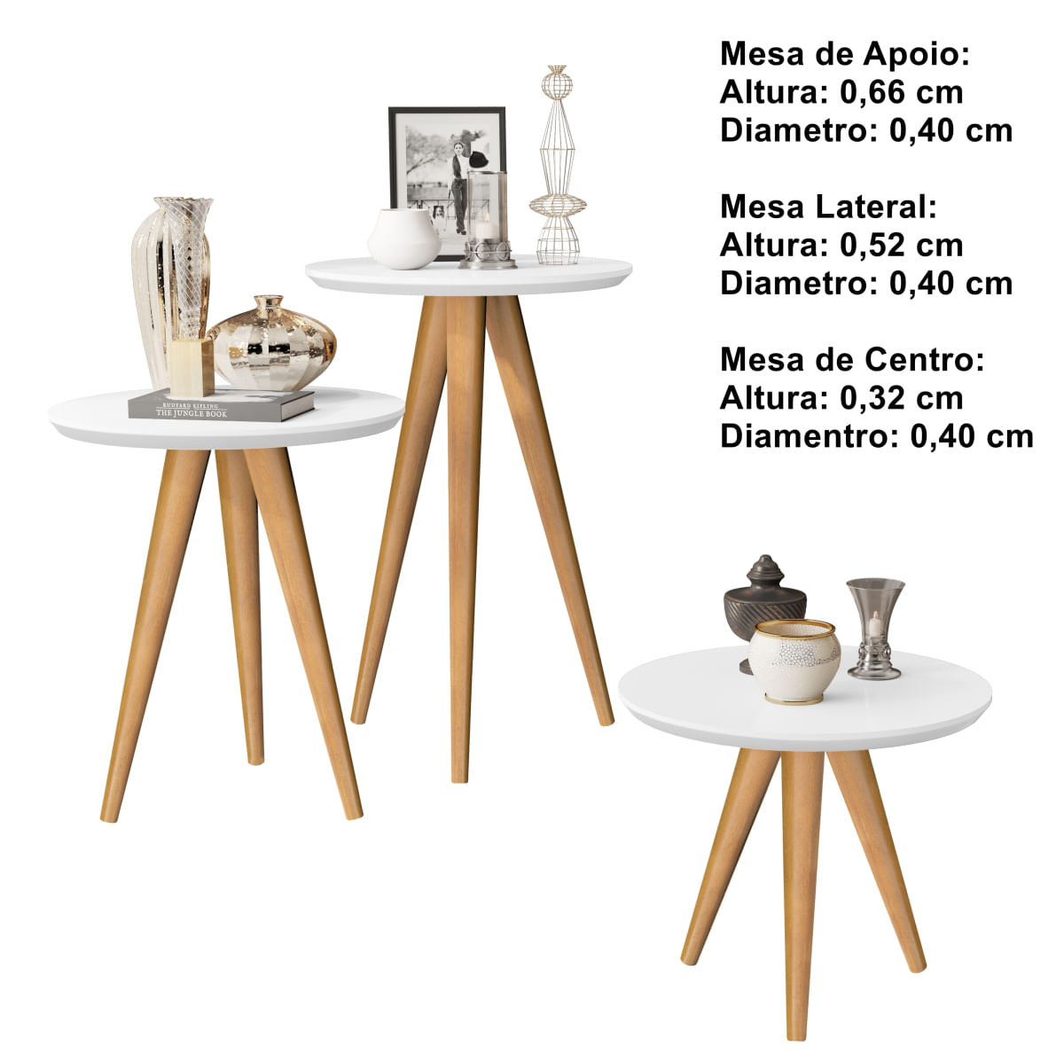 kit 3 mesas sala retrô pés palito, centro, lateral e apoio havana - branco - Comprar Moveis Em Casa