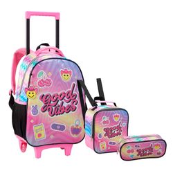 Kit Escolar Feminino Good Vibes Seanite - Mochila com Rodinhas, Lancheira e Estojo