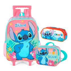 Kit Escolar Stitch Disney Luxcel - Mochila com Rodinhas, Lancheira e Estojo