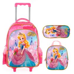 Kit Mochila com Rodinhas, Lancheira e Estojo Escolar Princesa Coroada