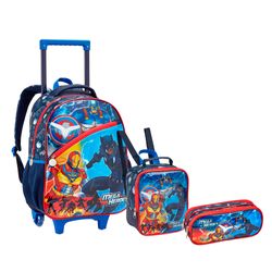 Kit Escolar Masculino Heroes Seanite - Mochila com Rodinhas, Lancheira e Estojo