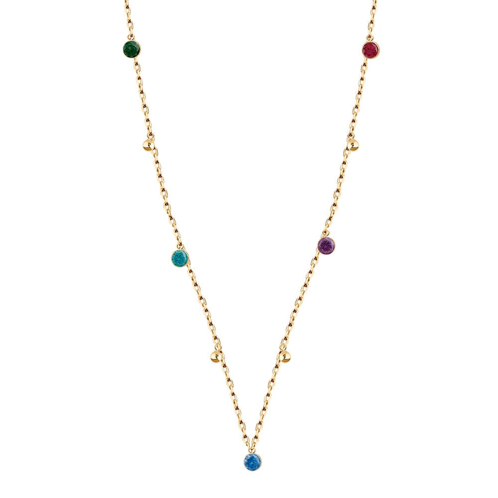 Gargantilha com Bolinhas e Pedras Verde Esmeralda, Lilas, Rosa, Azul e Verde Claro em Ouro 18K Coleção Colores