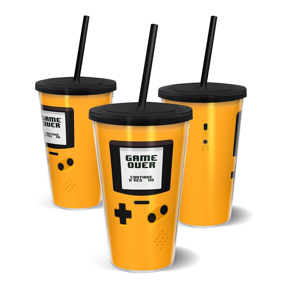 Copo Canudo Parede Dupla 500ml Gameboy Amarelo - Beek