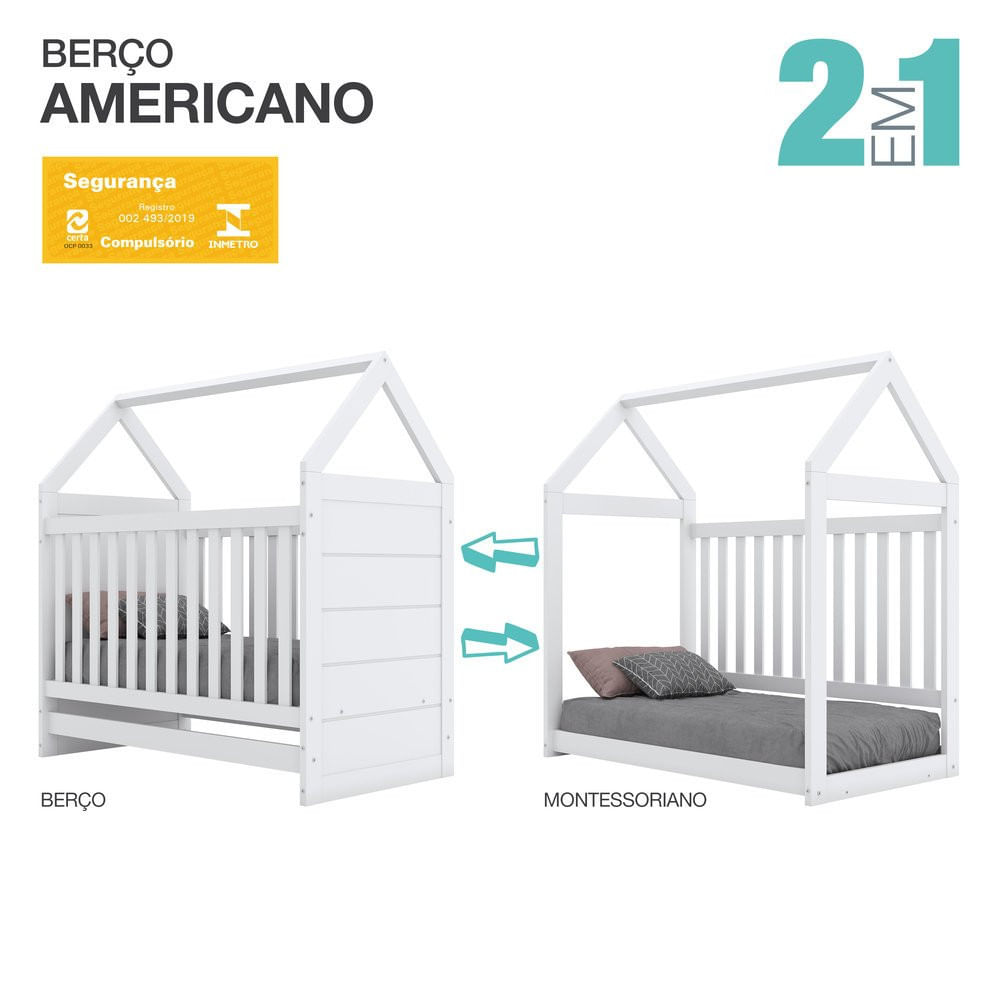 Berço Montessoriano Americano 2 em 1 Cabana MDF Henn Branco