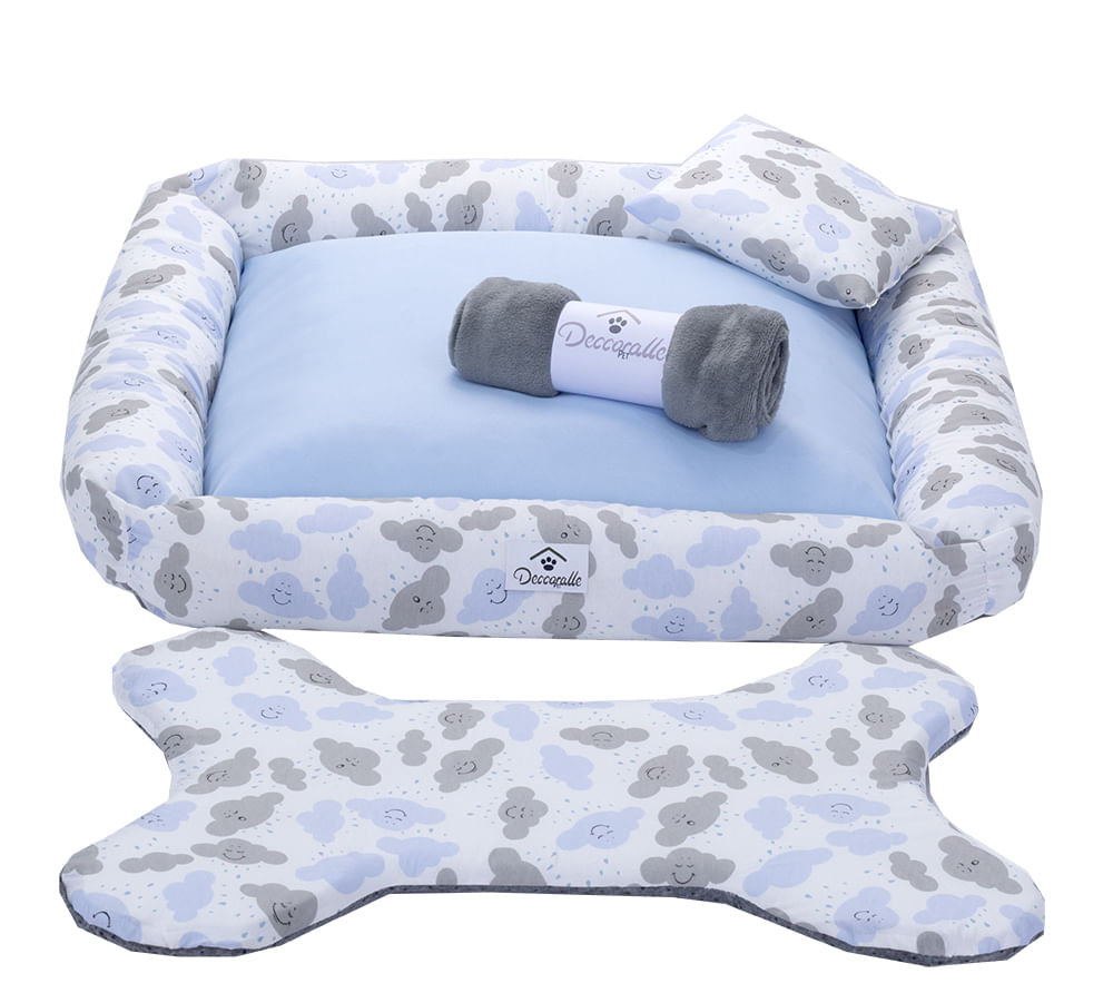 Kti Cama Para Pet Cães E Gatos Nuvens Azul Porte Medio 04 Peças