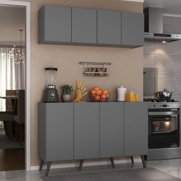 Kit Armário Cozinha Aéreo Balcão 4 Portas Retrô Mp2170 Grafite/preto