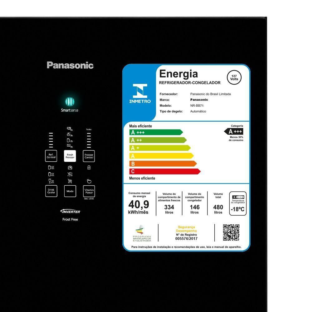 Geladeira Panasonic A+++ Frost Free 480l Black Glass - Nr-bb71gvfba 127V