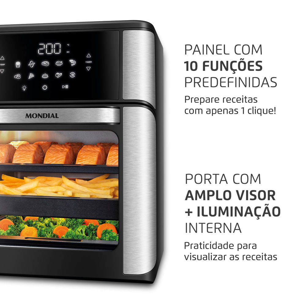 Fritadeira Elétrica Air Fryer Mondial Forno Oven AFON-12L-BI-BC 12L Preta/Inox - 110V