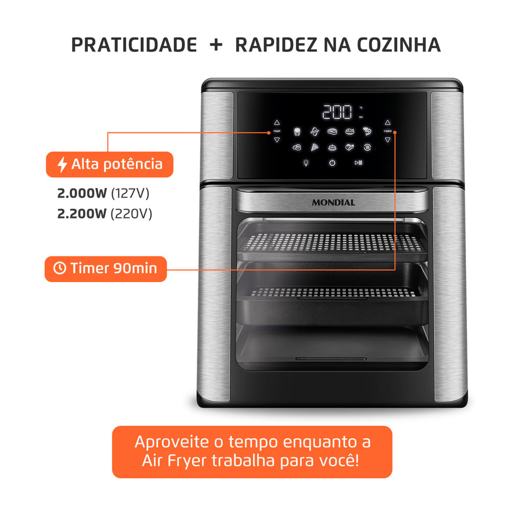 Fritadeira Elétrica Air Fryer Mondial Forno Oven AFON-12L-BI-BC 12L Preta/Inox - 110V