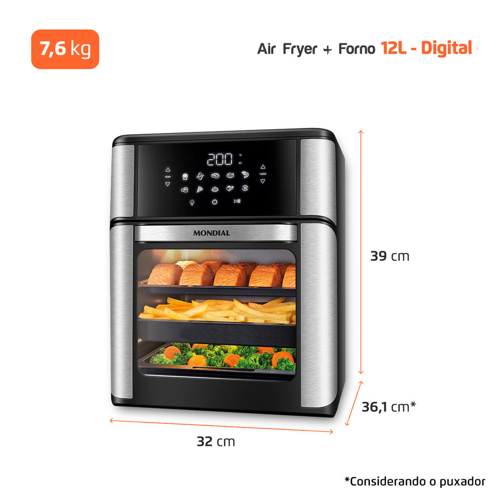 Fritadeira Elétrica Air Fryer Mondial Forno Oven AFON-12L-BI-BC 12L Preta/Inox - 110V