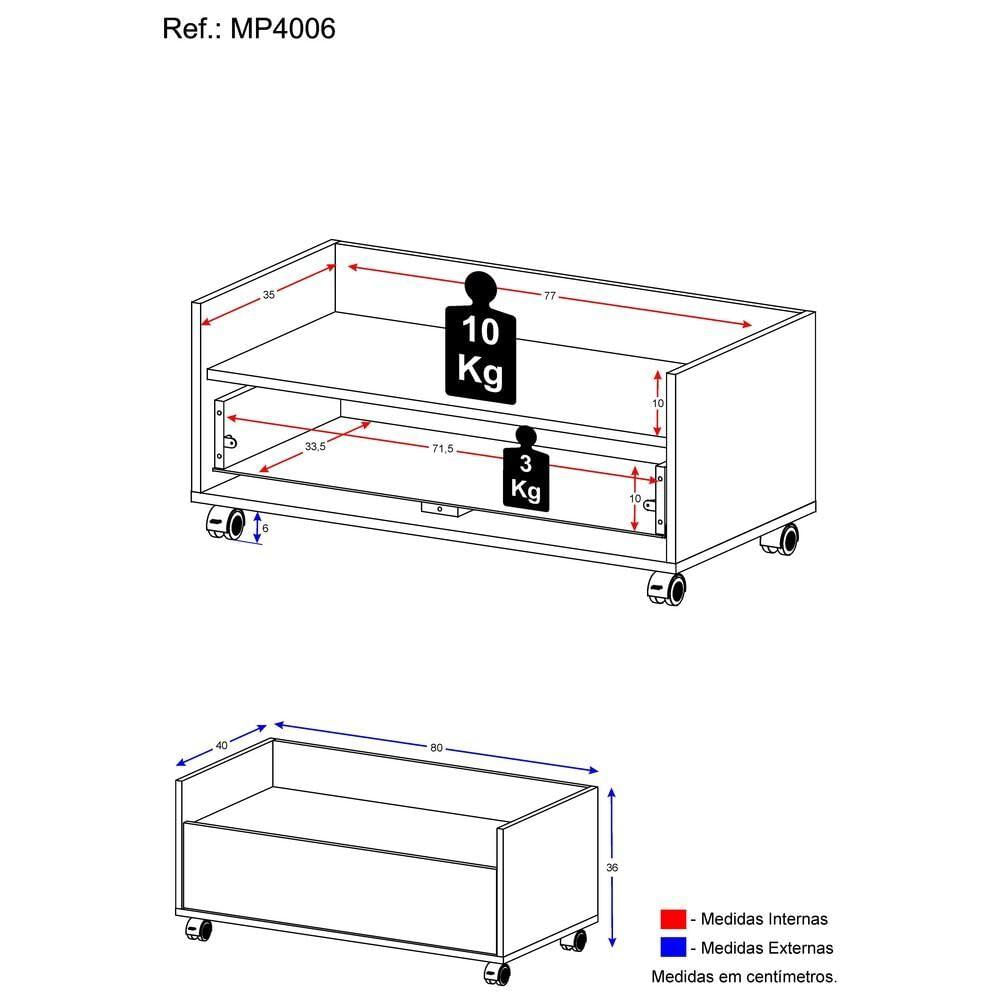 Mesa De Cabeceira 80 Cm C/ Rodízios Rustic/branco