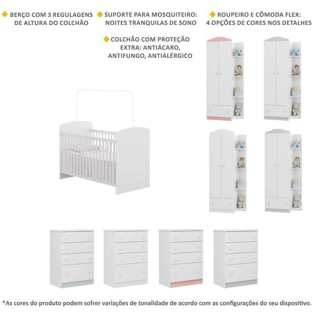 Quarto Infantil Completo Colchão Berço Guarda Roupa e Cômoda