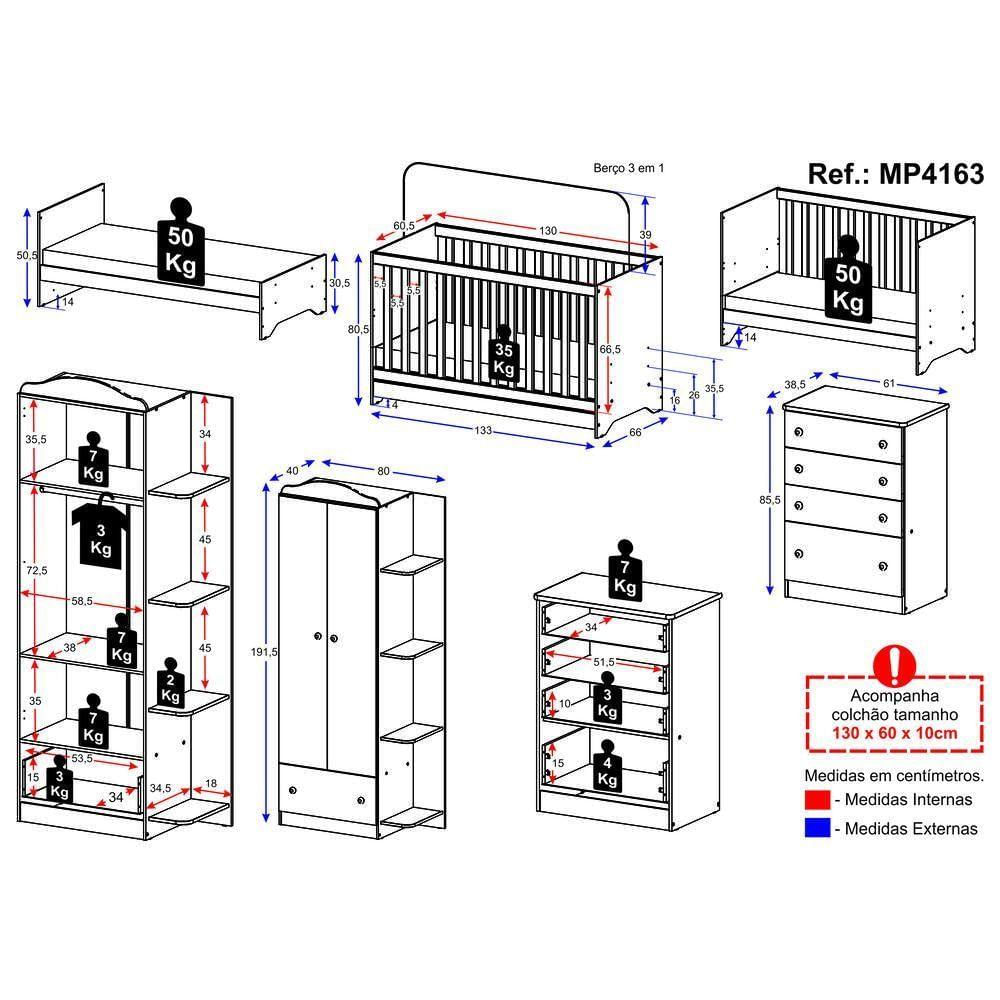 Quarto De Bebê Completo Com Berço 3 Em 1 Com Colchão Multimóveis Mp4163 Branco Branco/colorido