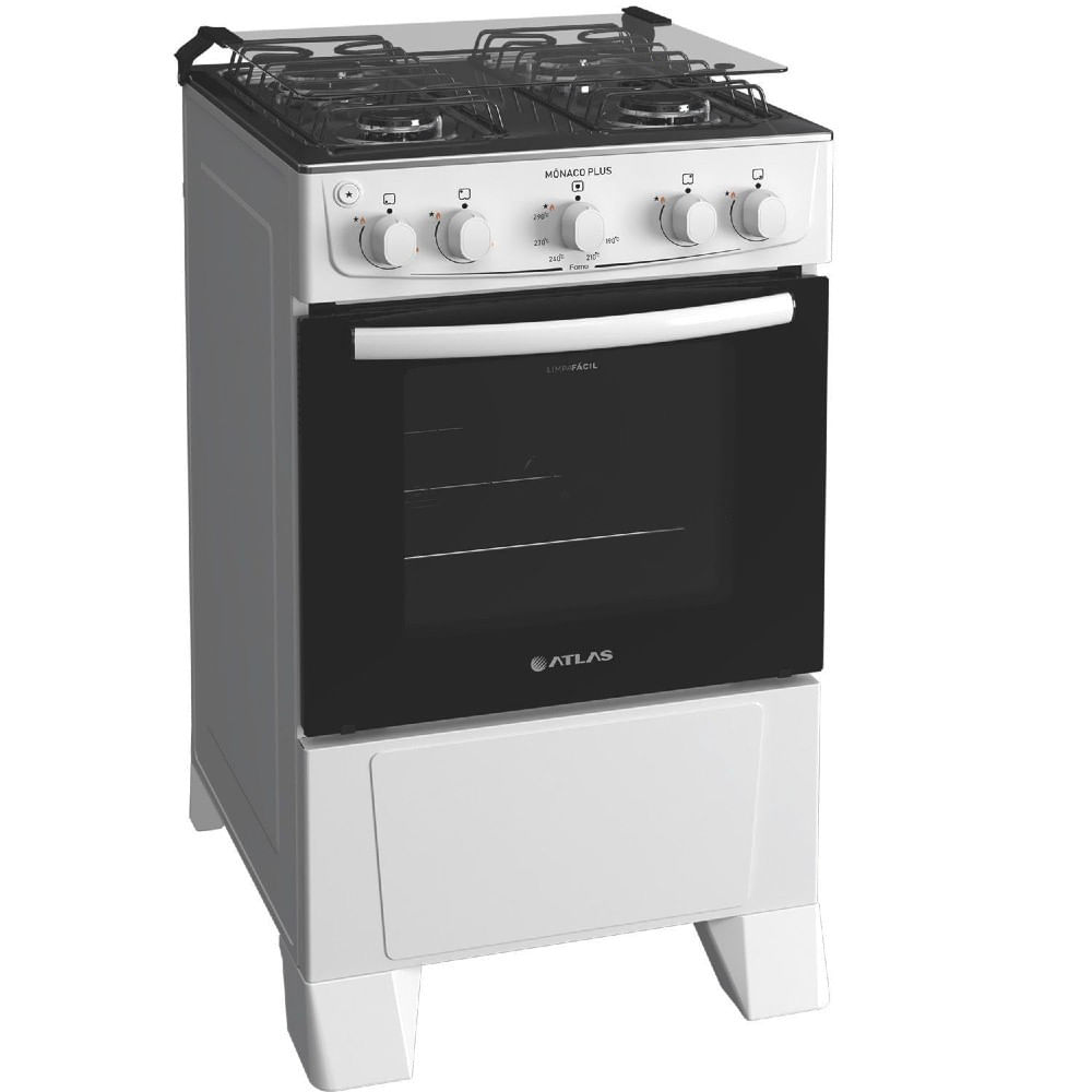 Fogão a Gás de Piso 4 Bocas Atlas Mônaco Plus Mesa de Inox Branco / Bivolt