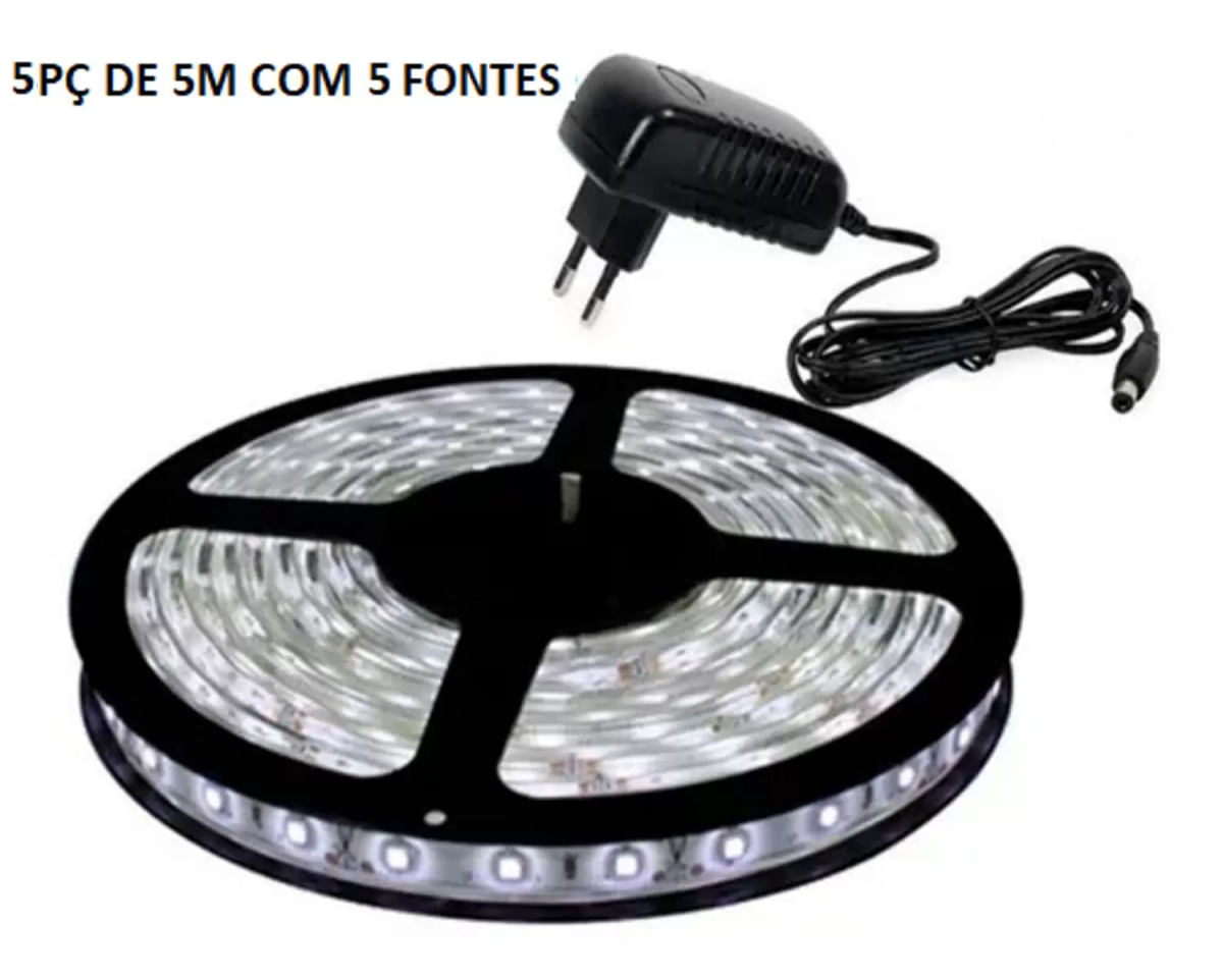 Kit 5 Fita Led 5050 Branco frio 3000k 5m Bivolt Com Fonte