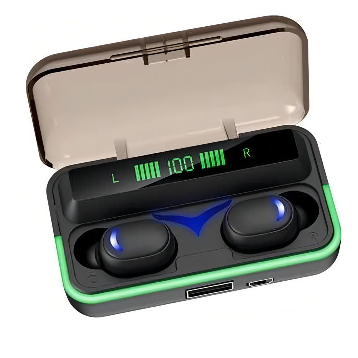 Fone Sem Fio TWS Preto com Carregador Portátil e Display Controle Touch