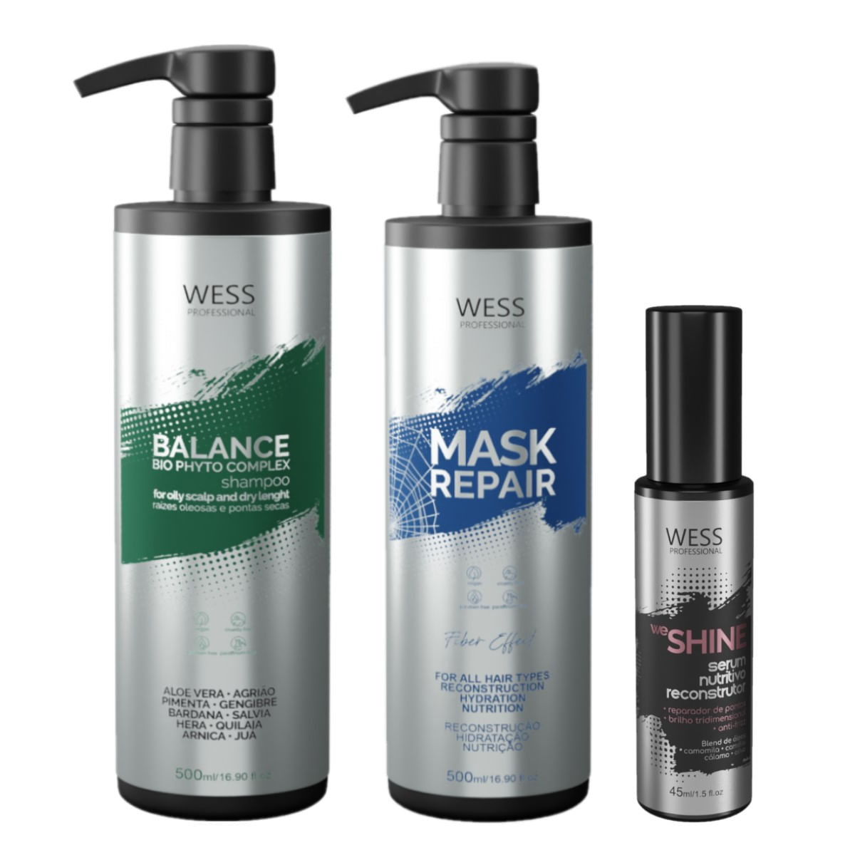 Kit Wess Balance Shampoo 500ml + Mask 500ml + We Shine 45ml