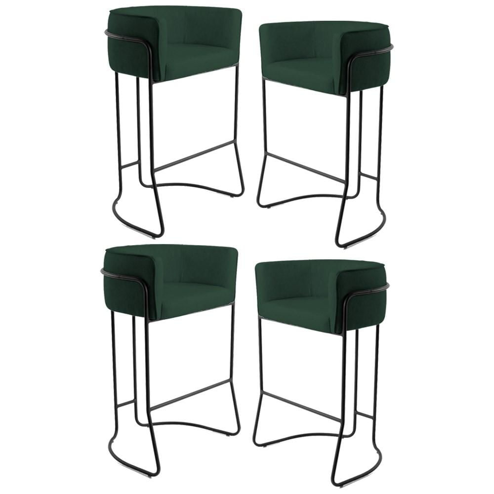 Kit 4 Banquetas Decorativas Base Aço Preto Betina Veludo C-303 Verde Musgo - Domi