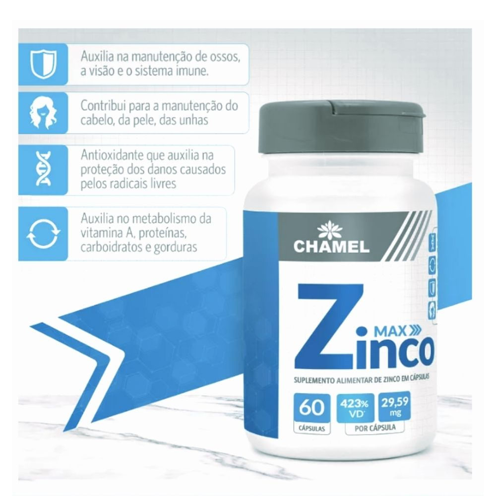 Zinco Max  60 cápsulas  Chamel  (Alto Teor de zinco (29,59 mg)