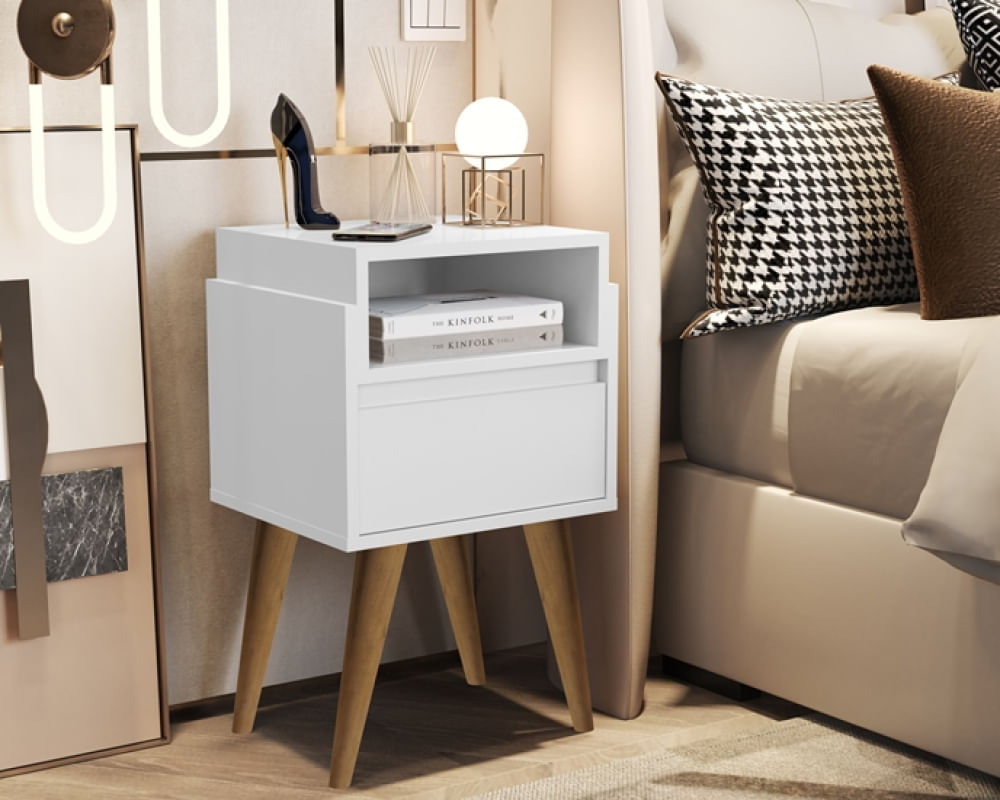 Mesa de Cabeceira Pés Palito Evora Branco - Comprar Moveis em Casa