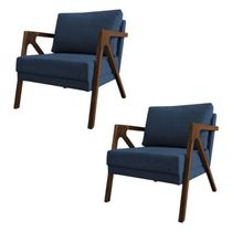 Conjunto 2 Poltronas Sala De Estar Monique Madeira Mel Azul Linho