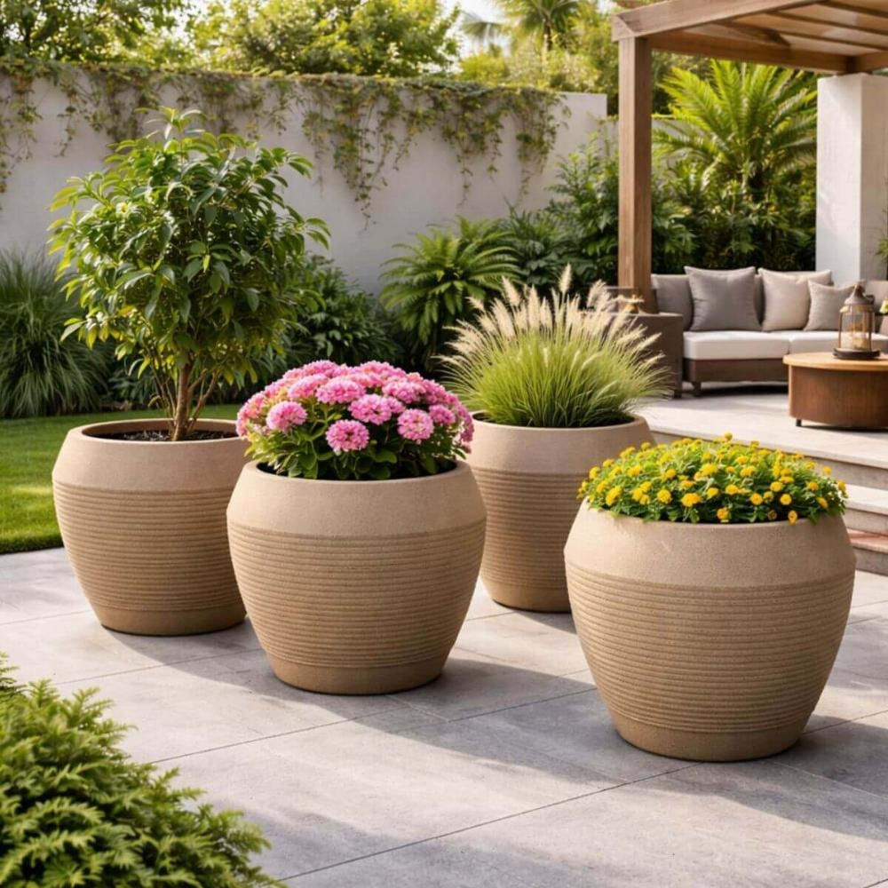 Encontraproduto.com.br - Kit 4 Vasos Grandes Jardim Tramontina Egípcio em Polietileno 54cm Granito Areia Plantas Folhagem