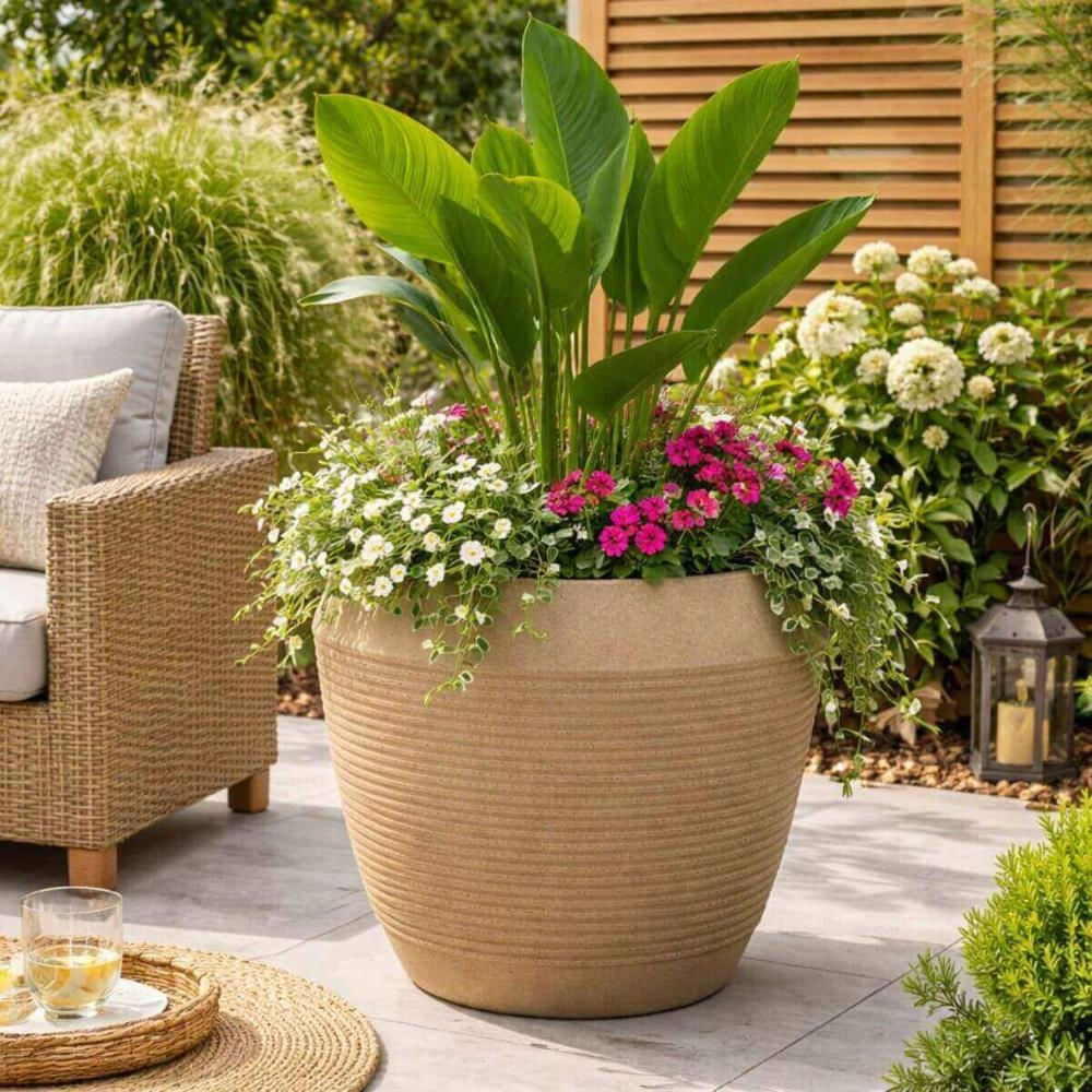 Encontraproduto.com.br - Kit 4 Vasos Grandes Jardim Tramontina Egípcio em Polietileno 54cm Granito Areia Plantas Folhagem