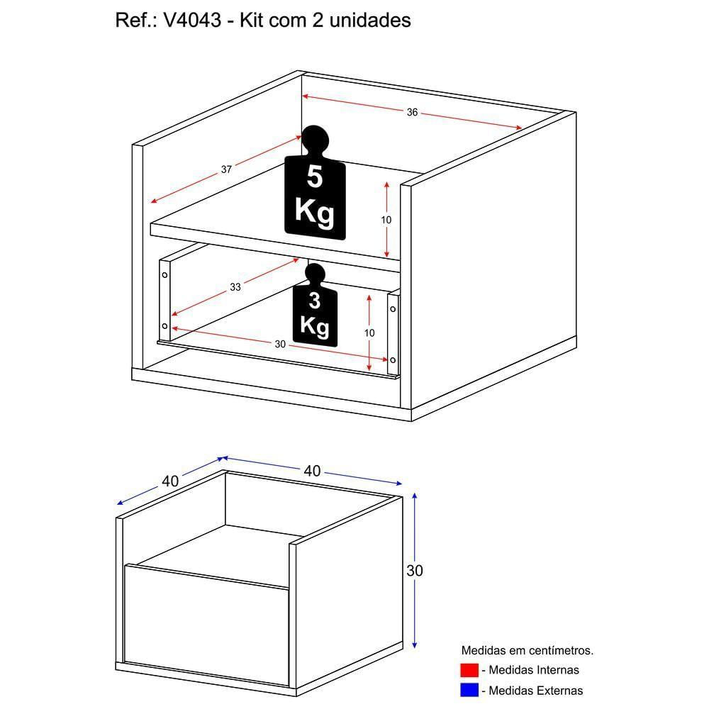 Kit Com 2 Mesas De Cabeceira 40Cm Suspensa Multimóveis V4043 Preta Preto